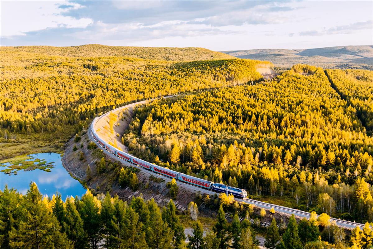 呼伦贝尔号火车弯道穿行山林